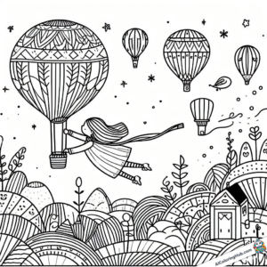 Coloring template Girl holds on to hot air balloon
