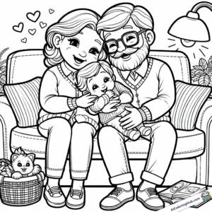 Coloring template Grandpa and grandma cuddle with their grandson on the couch