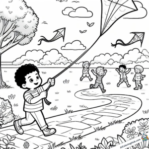 Drawing Boy flies a kite in the park