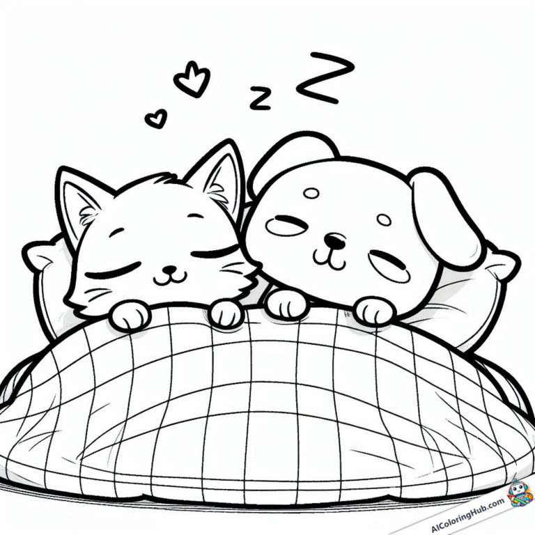 Página para colorear Perro y gato comparten cama