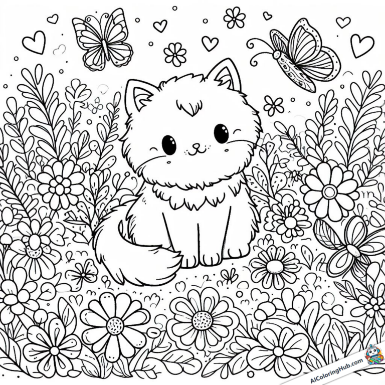 Dibujo gato joven en el prado de flores silvestres