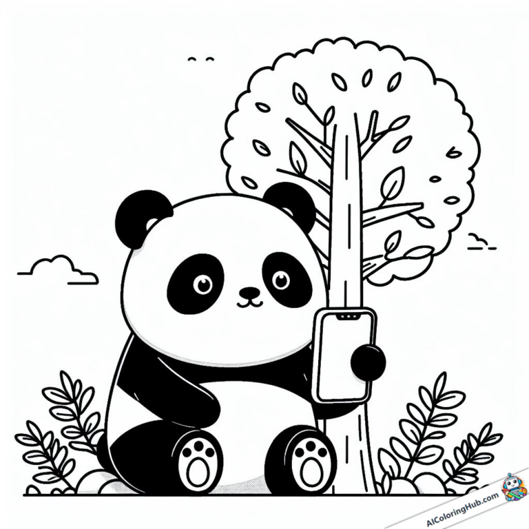 Dibujo para colorear Panda se sienta bajo el árbol y mira su móvil