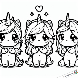 Plantilla para colorear 3 chicas unicornio están esperando...