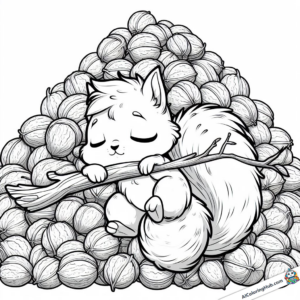 Dibujo Ardilla descansa delante de un montón de nueces