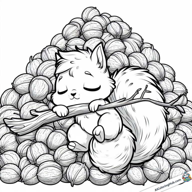 Dibujo Ardilla descansa delante de un montón de nueces