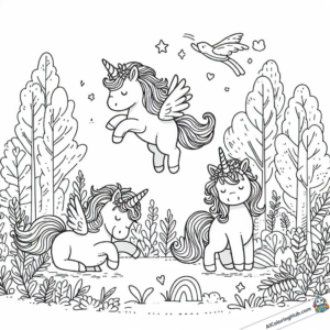 Dibujo para colorear Tres unicornios voladores en el bosque