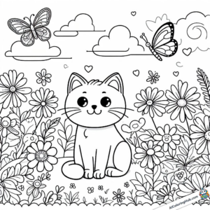 Gráfico para colorear Gato con flores y mariposas