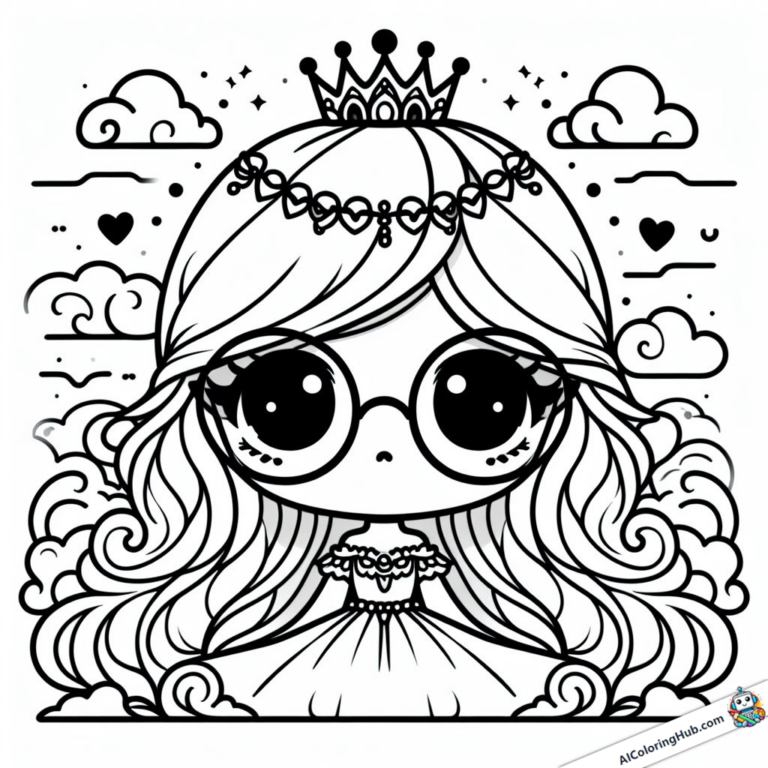 Página para colorear Princesa con corona y gafas gigantes