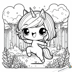 Página para colorear niña unicornio saltarina en el bosque