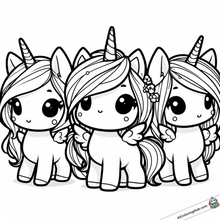 Página para colorear tres unicornios posando