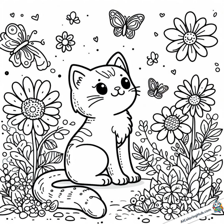 Plantilla para colorear Gato en prado de flores observa mariposas