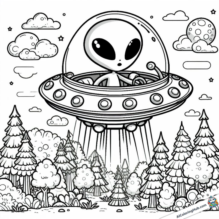 Dibujo Un extraterrestre sobrevuela un bosque