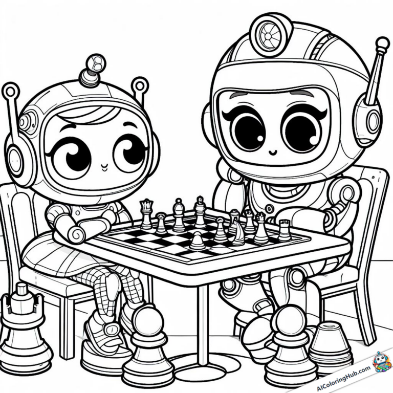 Dibujo para colorear dos robots juegan juntos al ajedrez