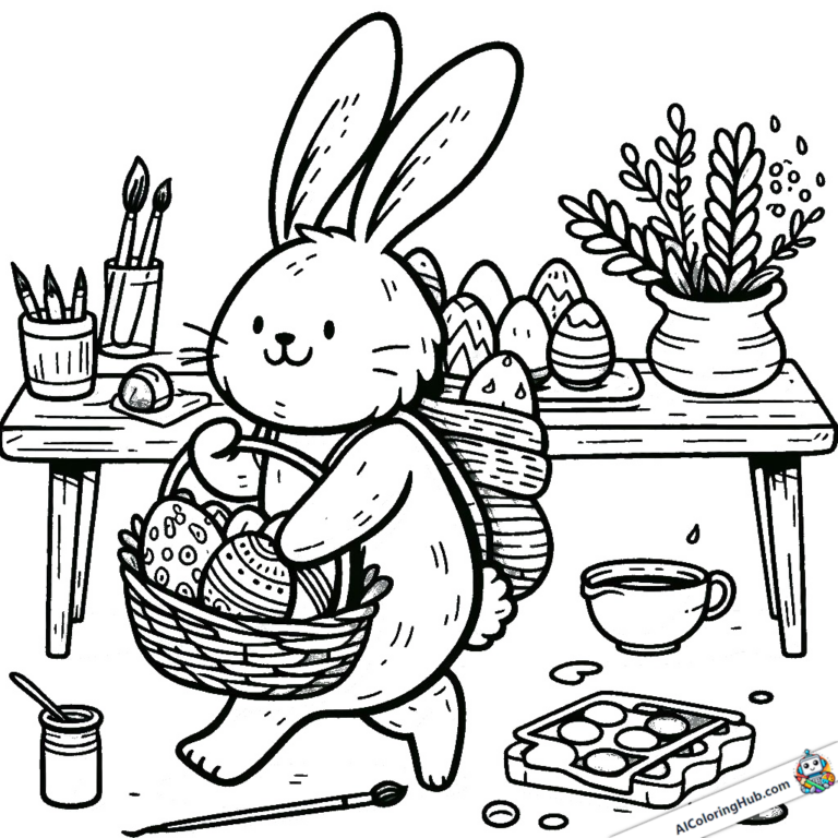 Dibujo para colorear El conejo de Pascua en su taller