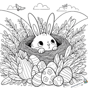 Dibujo para colorear El conejo de Pascua saca con cuidado del nido