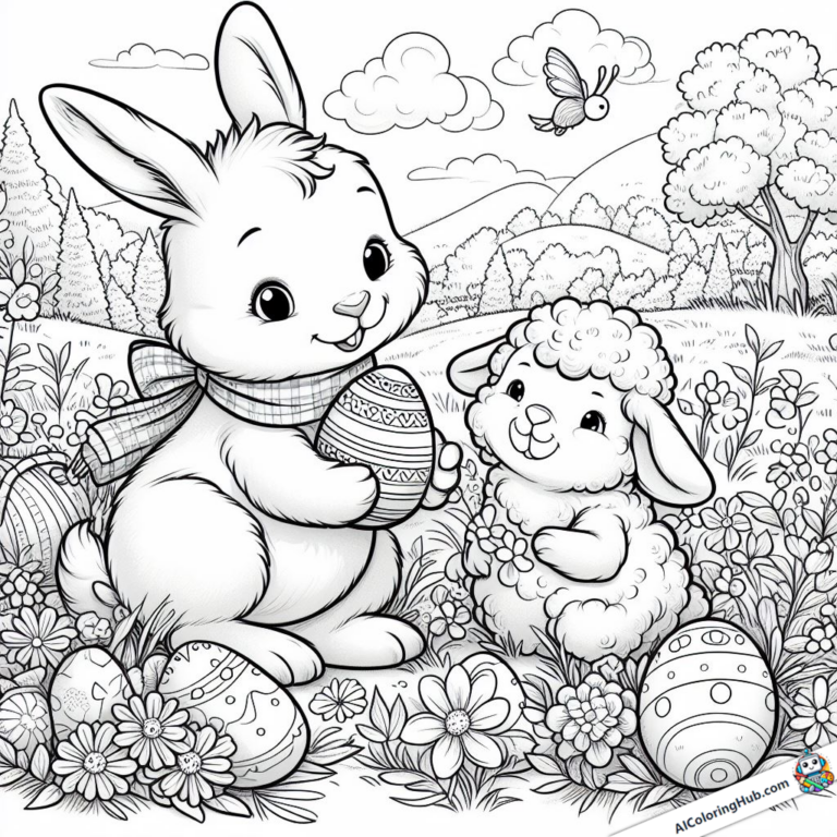 Dibujo El conejo regala un huevo de Pascua a un cordero