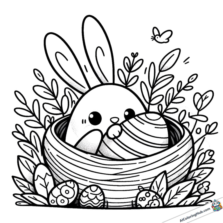 Dibujo para colorear El conejo de Pascua se sienta en el nido y se esconde detrás de un huevo