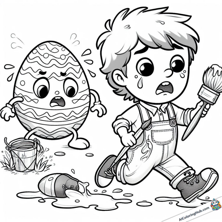 Dibujo para colorear Un niño huye de un huevo de Pascua que no quiere ser pintado