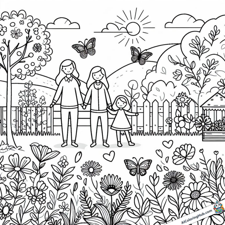 Gráfico para colorear dos mujeres en un jardín con flores y mariposas