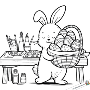 Página para colorear Conejo con cesta de huevos recién pintados