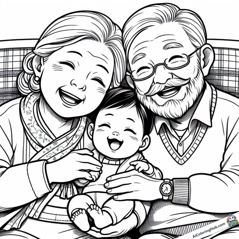 Dibujo para colorear El abuelo y la abuela se acurrucan con su nieto
