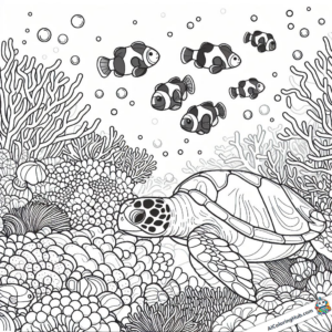 Página para colorear Tortuga y pez payaso en el arrecife