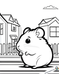 Modèle à colorier petit hamster devant les maisons