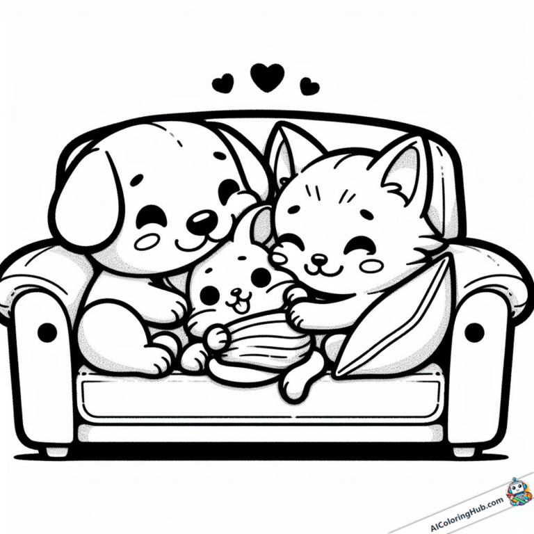 Graphique à colorier Un chien fait des câlins à un chat et une souris sur un canapé