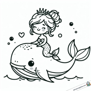 Dessin Sirène avec couronne chevauchant une baleine