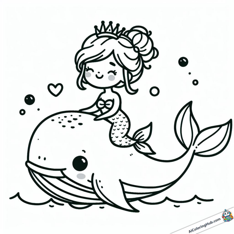 Dessin Sirène avec couronne chevauchant une baleine
