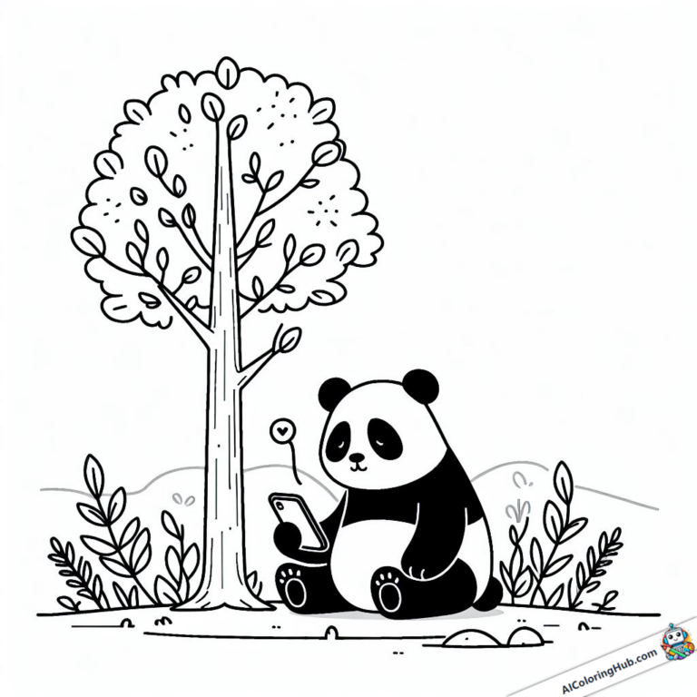 Dessin Un panda fatigué regarde son téléphone portable