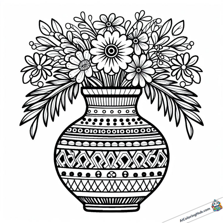Image à colorier Fleurs dans un vase avec des motifs
