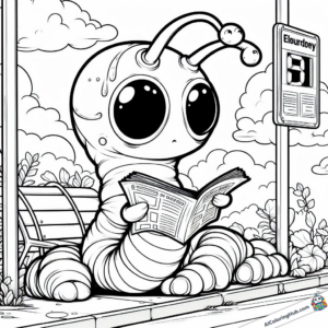 Modèle à colorier Alien attend le bus et lit le journal