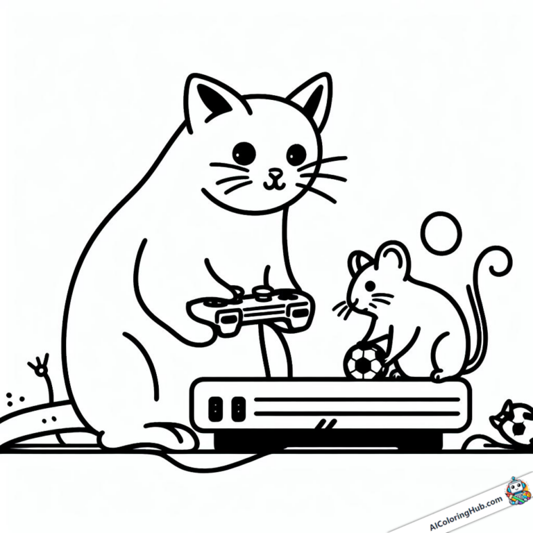 Modèle à colorier Chat et souris jouant à la console