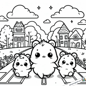 Modèle à colorier Famille de hamsters sur le chemin de l'école
