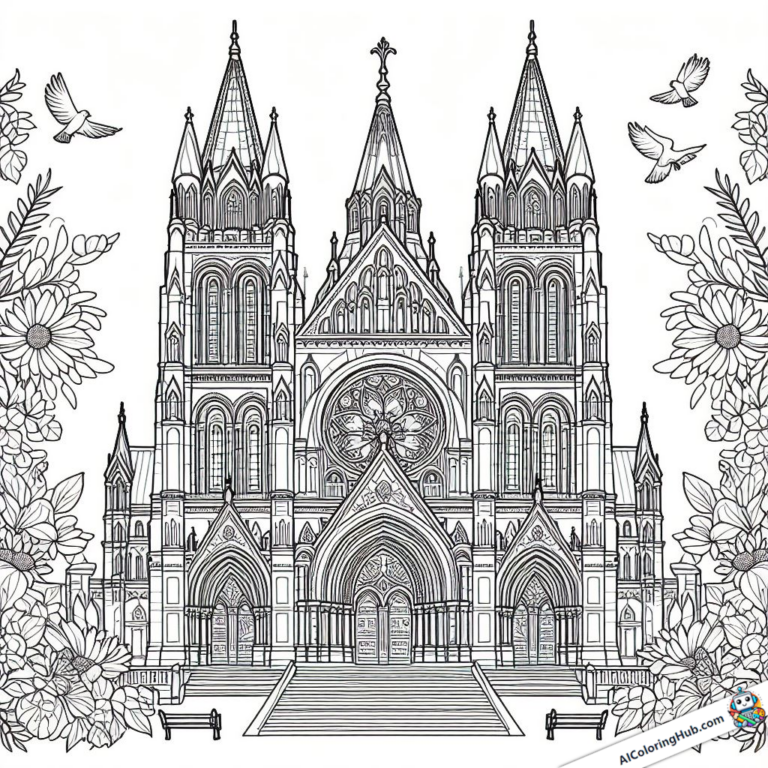 Modèle à colorier Une église entourée de fleurs