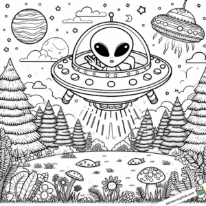 Tableau à colorier Un alien atterrit dans une clairière