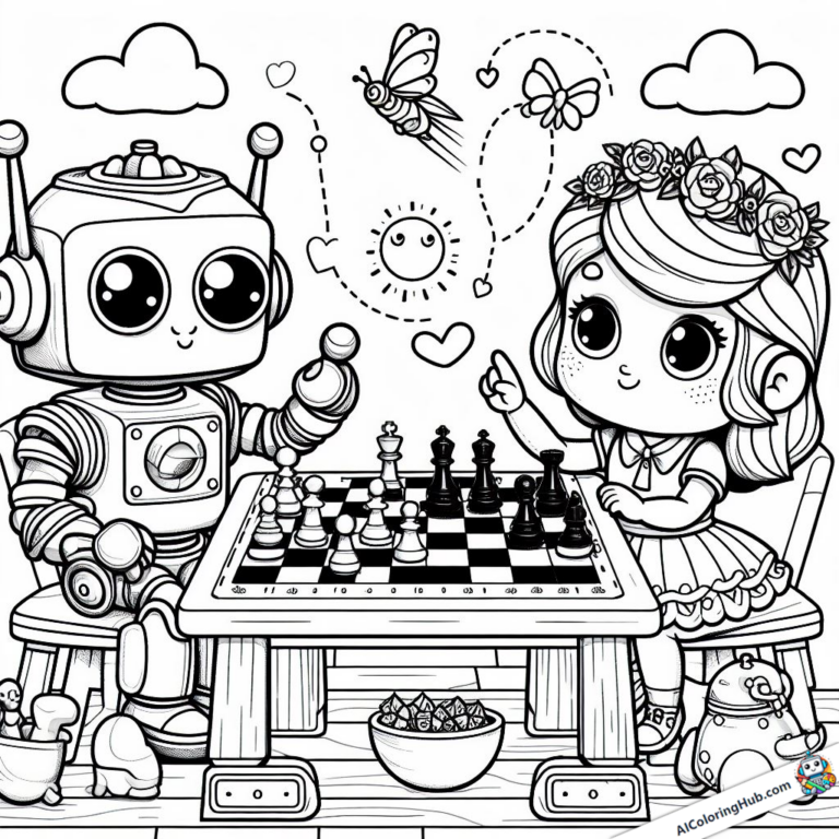 Tableau à colorier Un robot joue aux échecs avec des filles