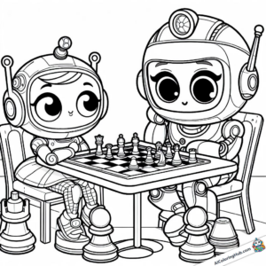 Tableau à colorier deux robots jouent aux échecs ensemble