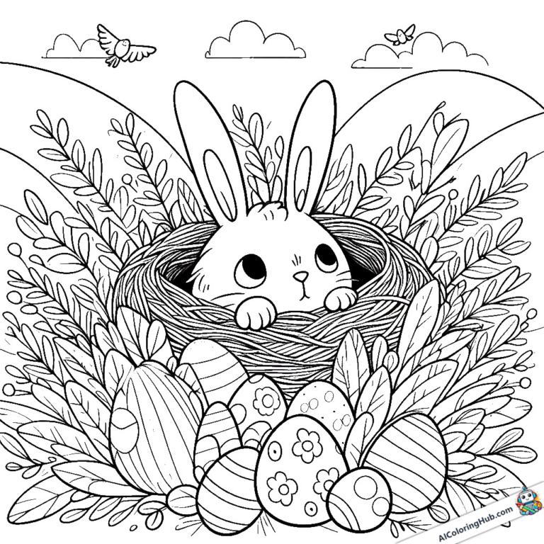 Image à colorier Le lapin de Pâques sort prudemment du nid