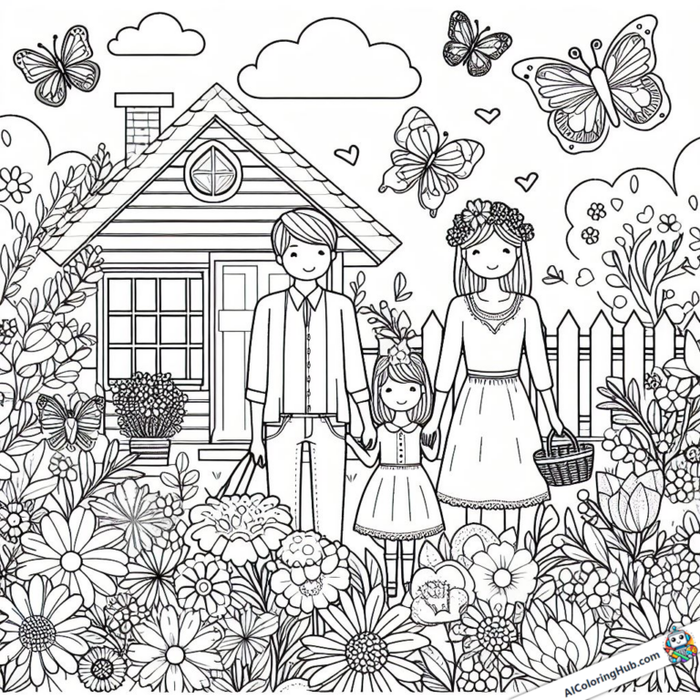 Modèle à colorier Famille dans un jardin avec des fleurs et des papillons