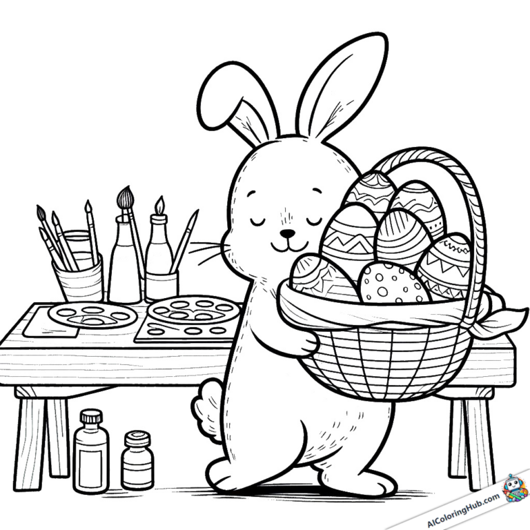Modèle à colorier Le lapin porte un panier d'œufs fraîchement peints