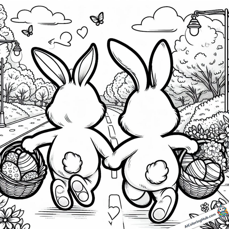 Modèle à colorier deux lapins de Pâques livrent des œufs