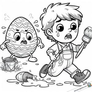 Tableau à colorier Un garçon s'enfuit devant un œuf de Pâques qui ne veut pas être peint