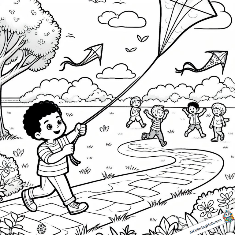 Dessin Un garçon fait voler un cerf-volant dans un parc