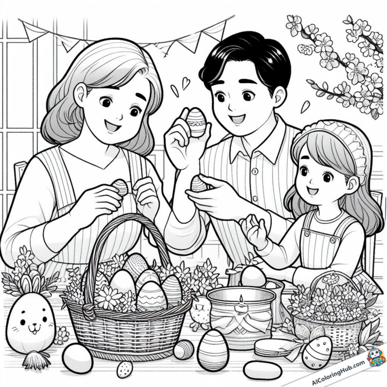 Dessin Une famille s'émerveille devant des œufs de Pâques