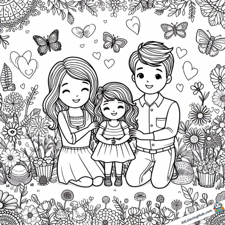 Image à colorier Famille dans le jardin avec des papillons dans l'air