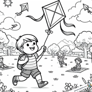 Image à colorier Un garçon fait voler un cerf-volant