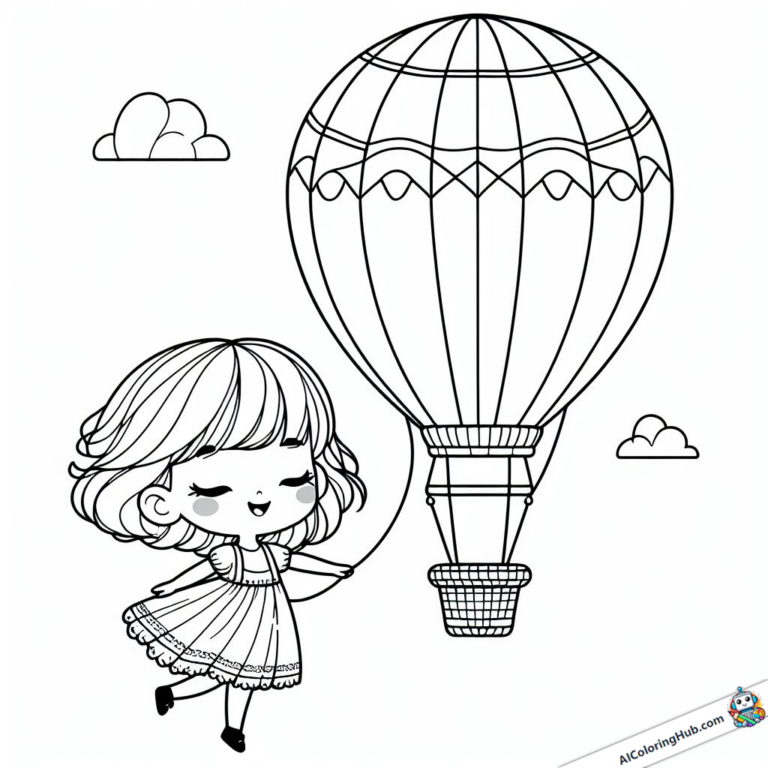 Modèle à colorier Une fillette accroche une montgolfière à sa laisse