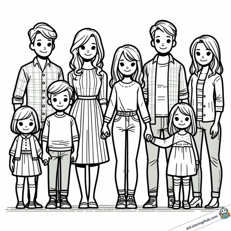Modèle à colorier grande famille se tenant par la main